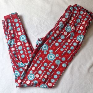 LuLaRoe Red Leggings with Blue and White Dot Hearts